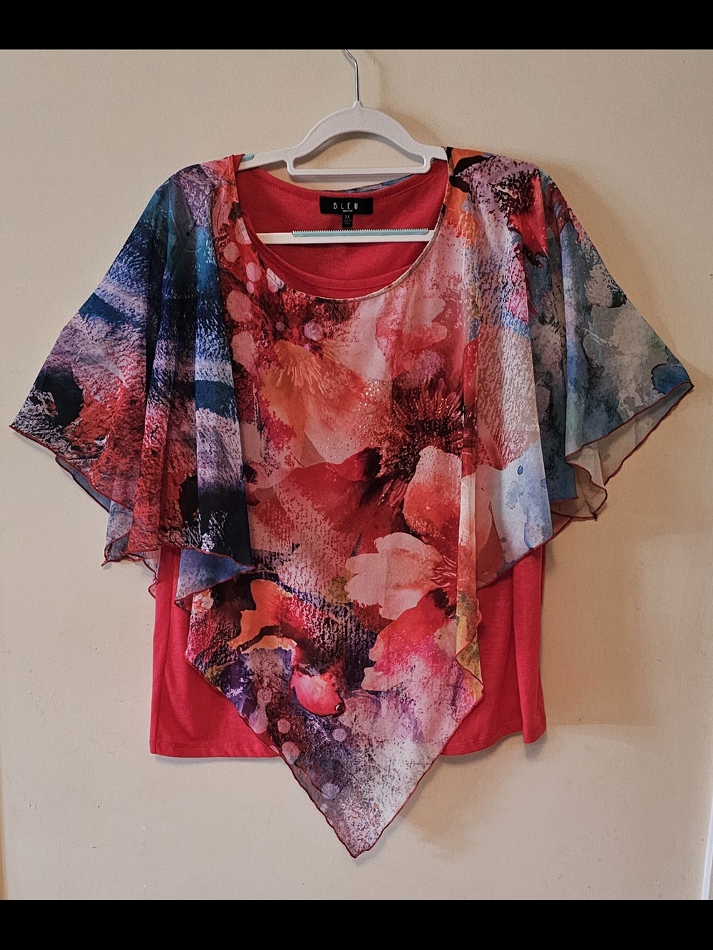 B.L.E.U. Pink Multicolor Layered Floral Chiffon Overlay Top Sz 3X